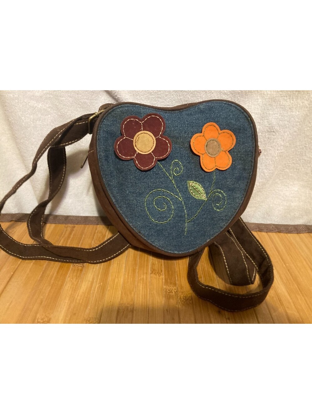 Mary-Kate and Ashley Denim Floral Mini Backpack Purse Brown Blue Shoulder Bag